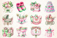 Pink & Green Coquette Baby Shower Clipart Bundle - CraftNest - Digital Crafting and Art