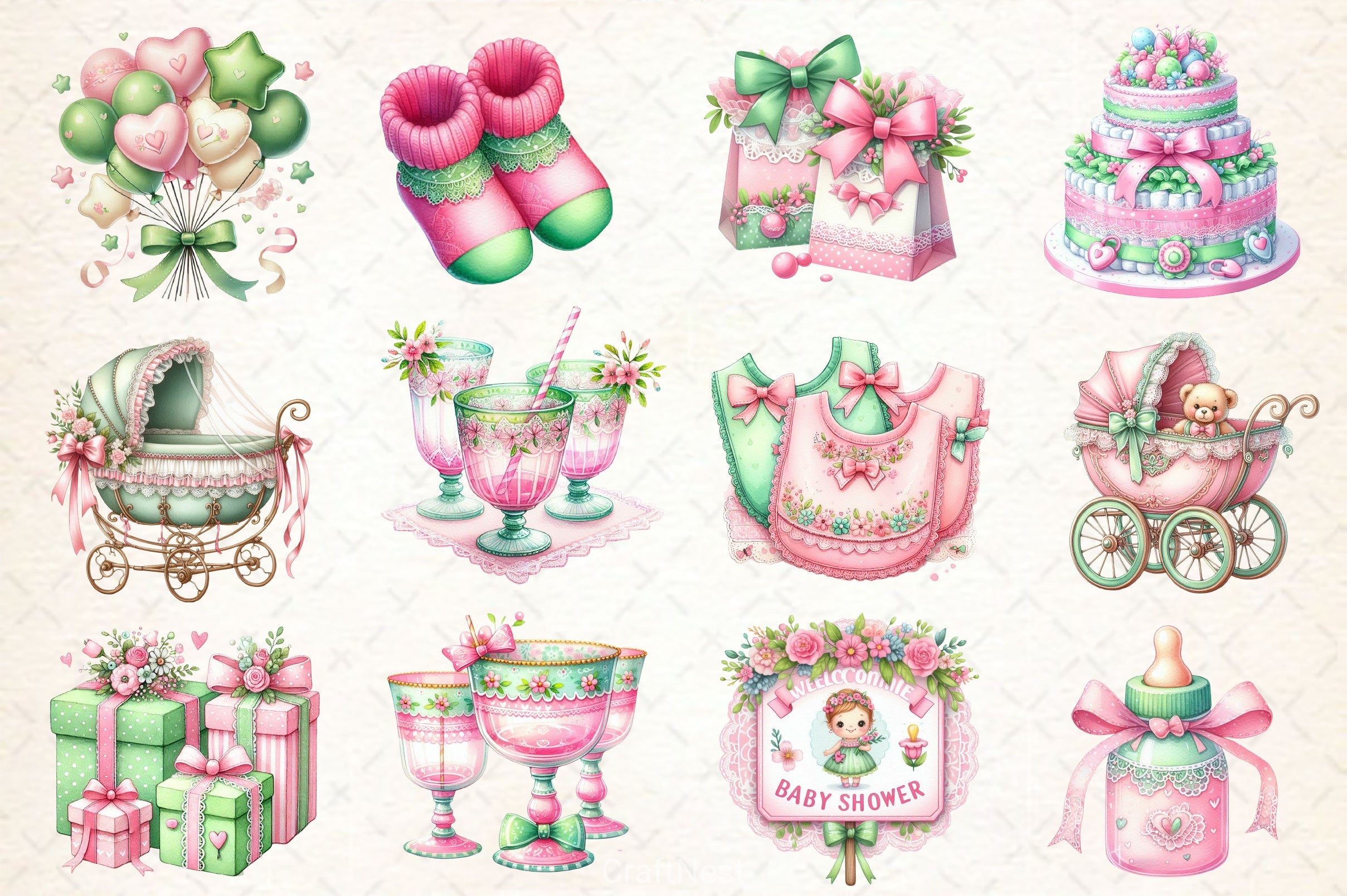 Pink & Green Coquette Baby Shower Clipart Bundle - CraftNest - Digital Crafting and Art