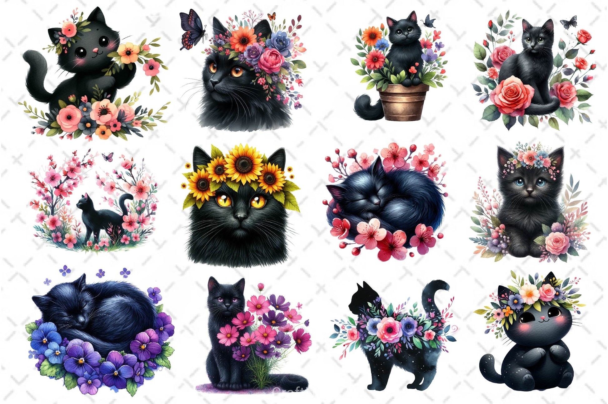 Floral Black Cat Clipart Bundle - CraftNest - Digital Crafting and Art