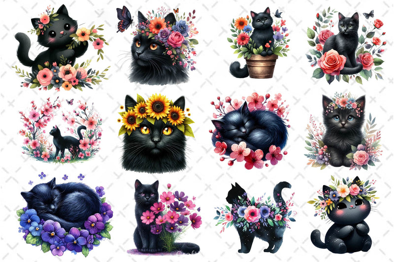 Floral Black Cat Clipart Bundle - CraftNest - Digital Crafting and Art