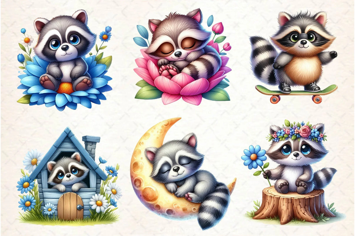 Spring Raccoon Pattern Spring Cute Raccoon Clipart Bundle