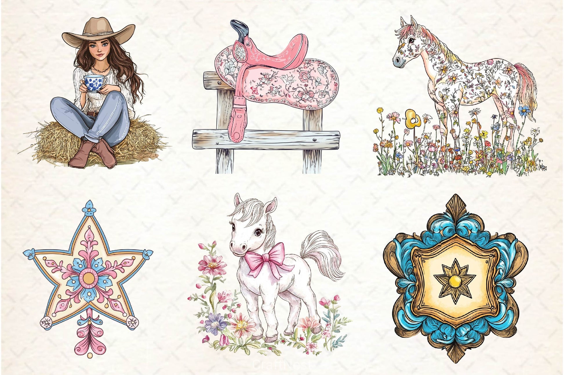 Cute Chinoiserie Cowgirl Clipart Bundle 2 - CraftNest - Digital Crafting and Art