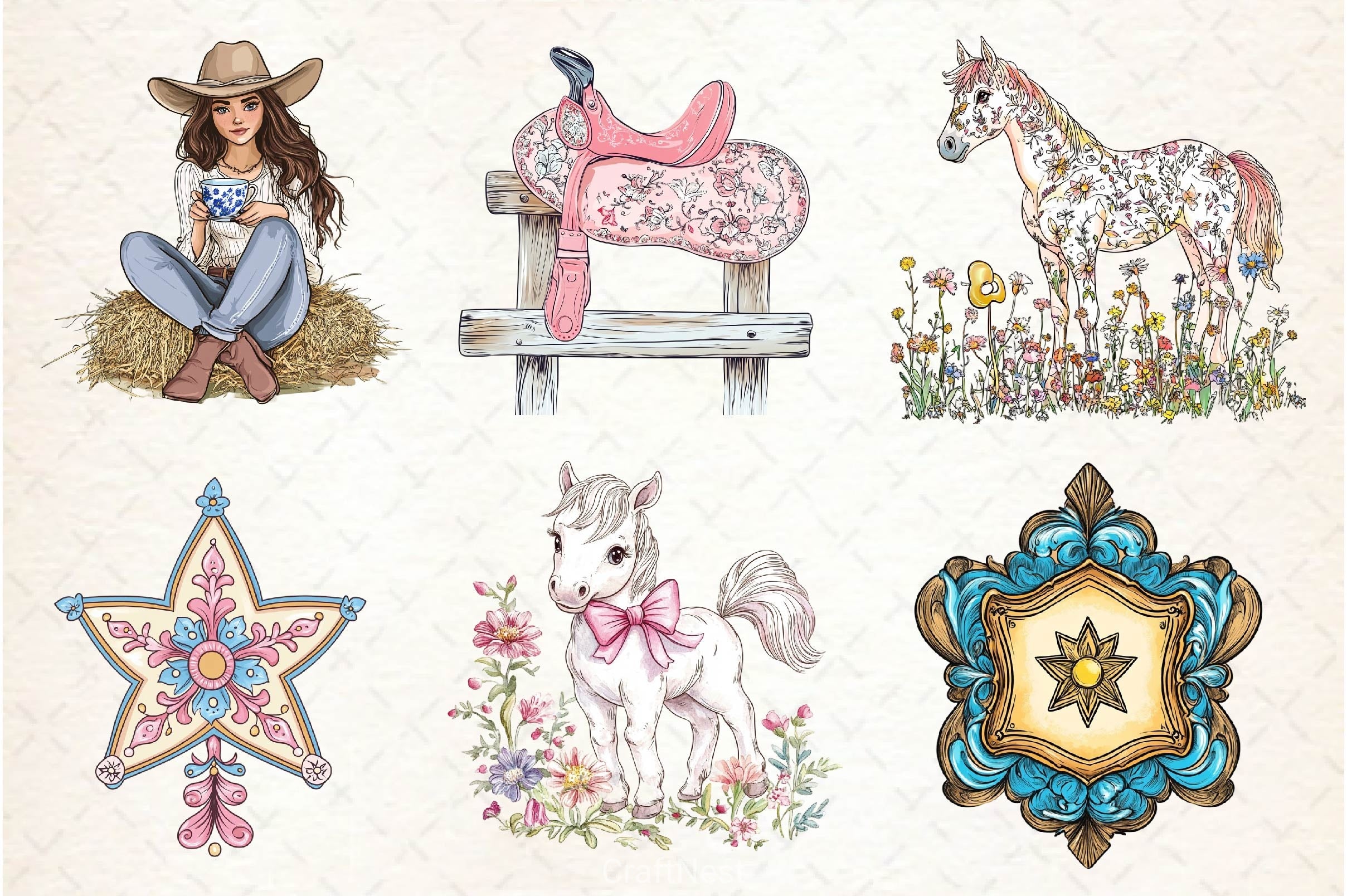 Cute Chinoiserie Cowgirl Clipart Bundle 2 - CraftNest - Digital Crafting and Art