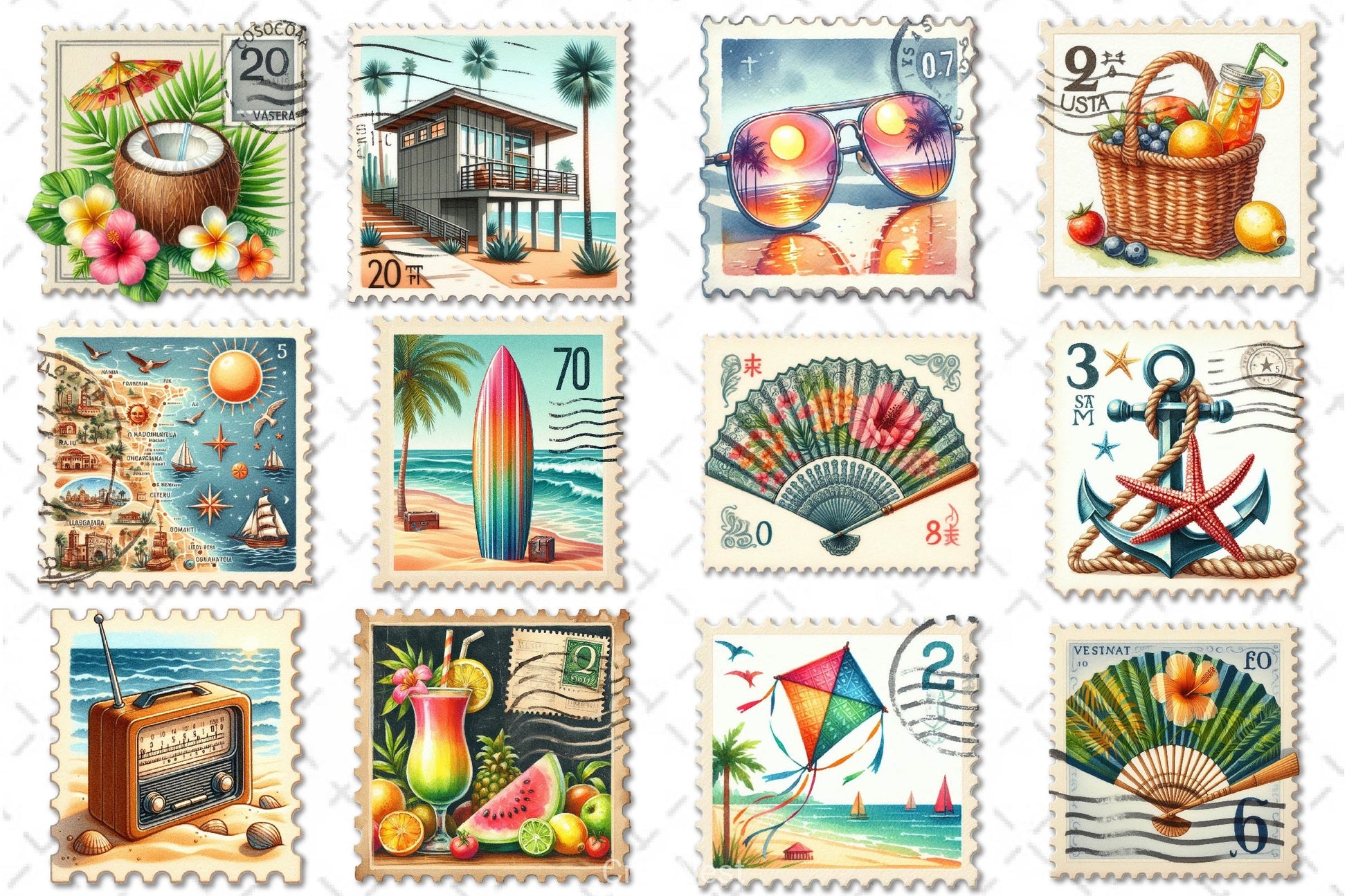 Summer Beach Postage Stamp Clipart Bundle - CraftNest - Digital Crafting and Art