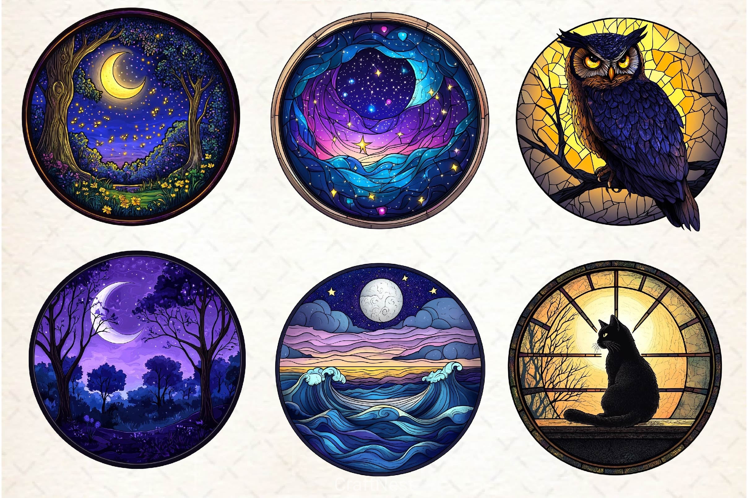Moonlit Nights Stained Glass Circle Clipart Bundle - CraftNest - Digital Crafting and Art