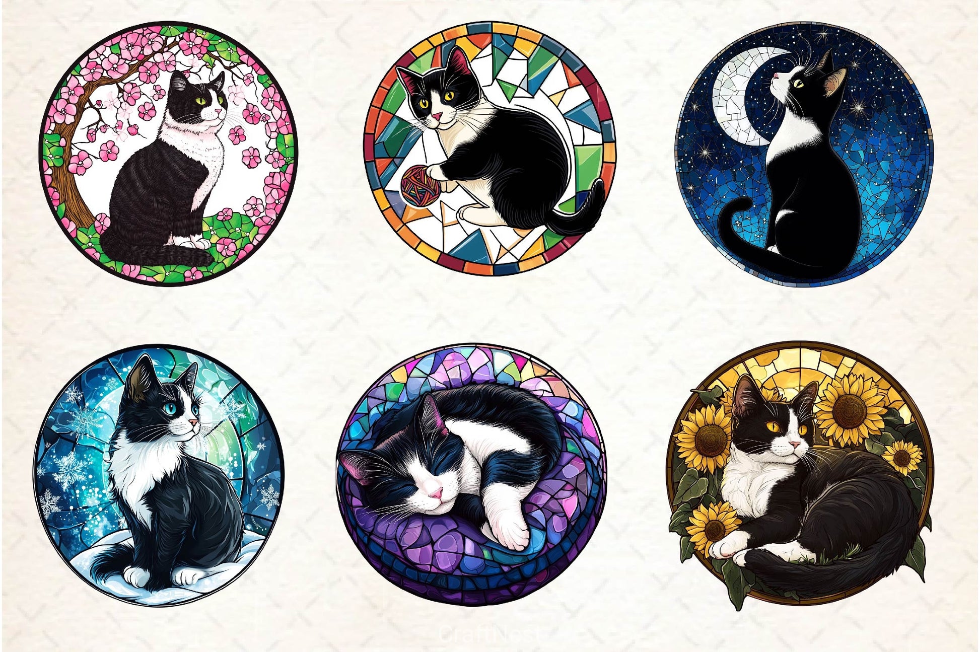 Round Stained Glass Tuxedo Cat Clipart Bundle 2 - CraftNest - Digital Crafting and Art