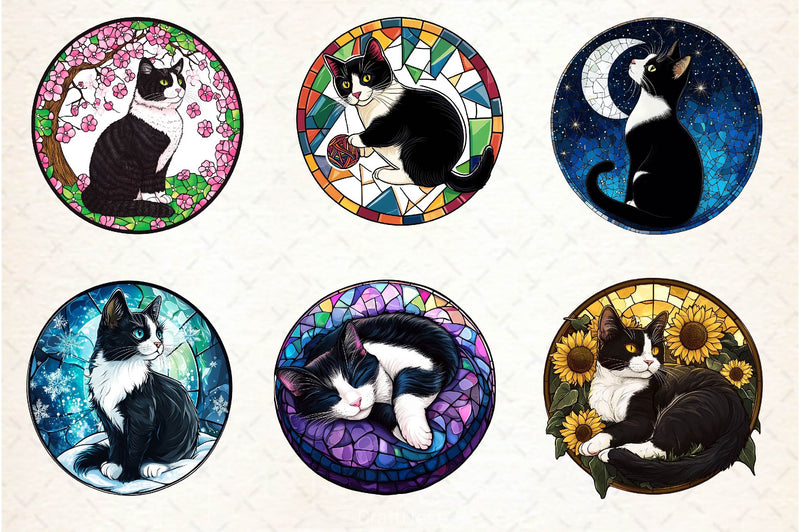 Round Stained Glass Tuxedo Cat Clipart Bundle 2 - CraftNest - Digital Crafting and Art