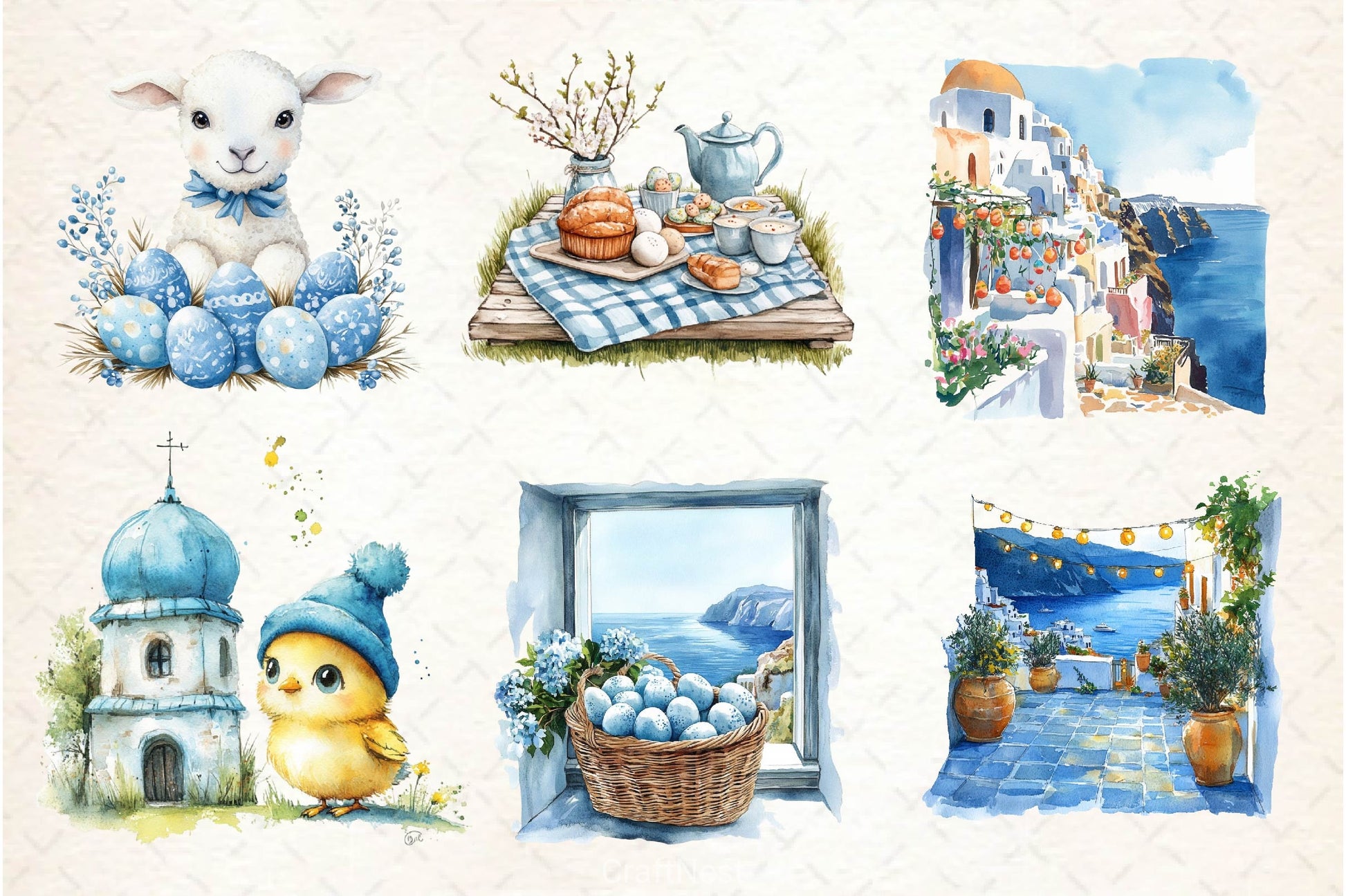 Blue Santorini Easter Day Clipart Bundle 4 - CraftNest - Digital Crafting and Art