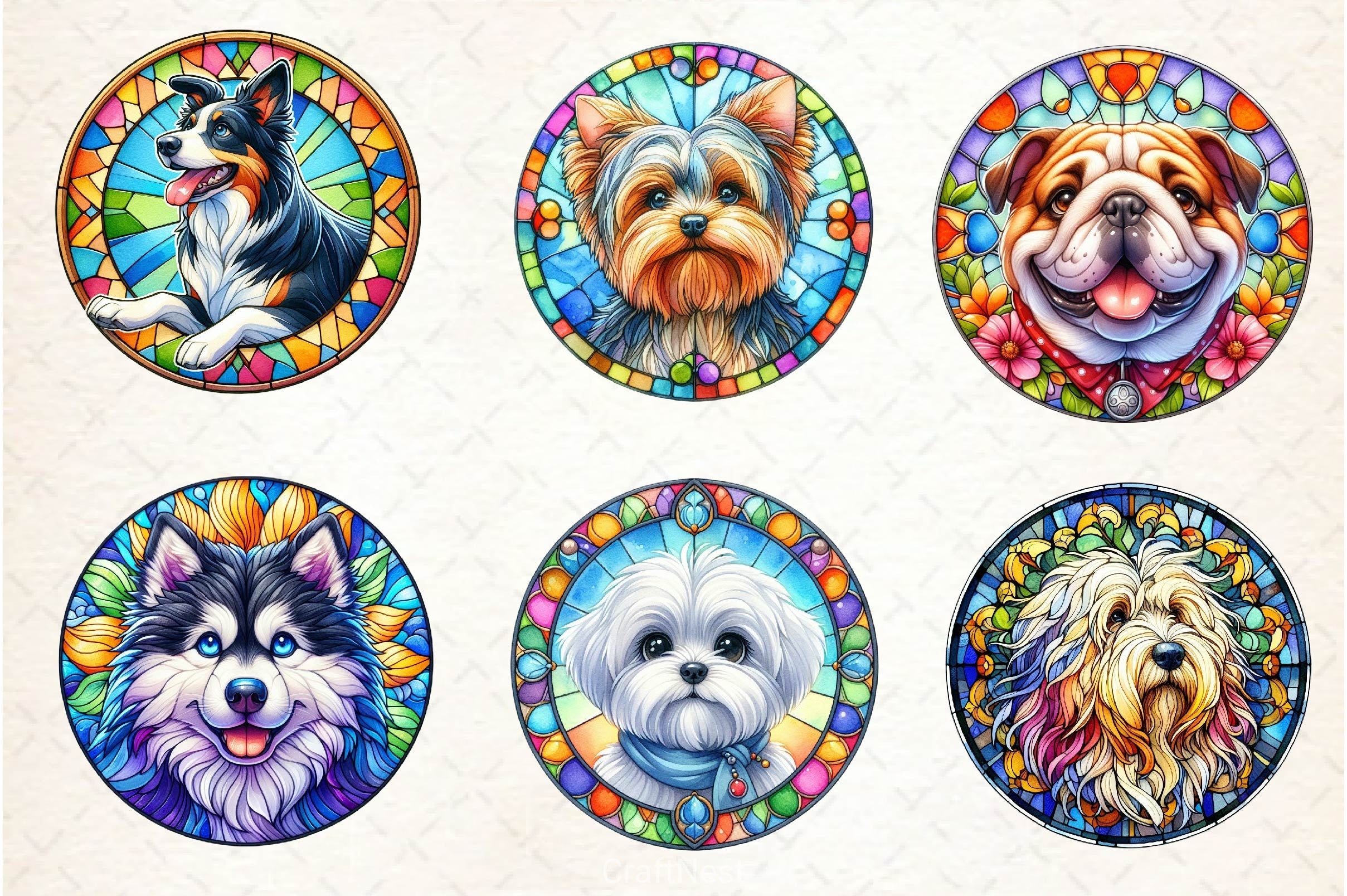 Round Stained Glass Dogs Clipart Bundle - CraftNest - Digital Crafting and Art