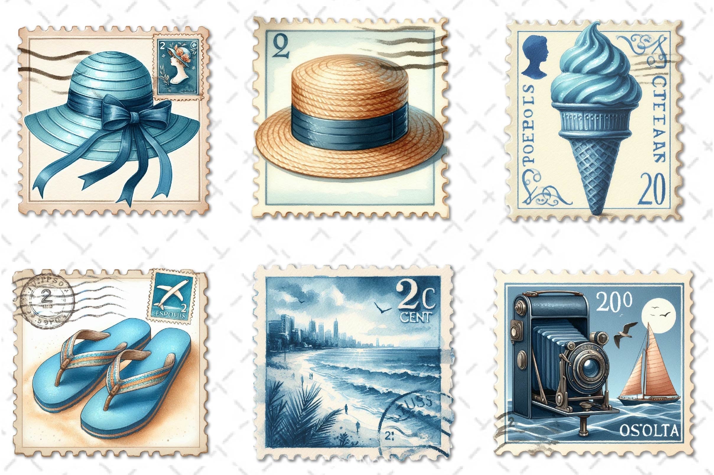 Blue Summer 1920 Postage Stamp Clipart Bundle - CraftNest - Digital Crafting and Art