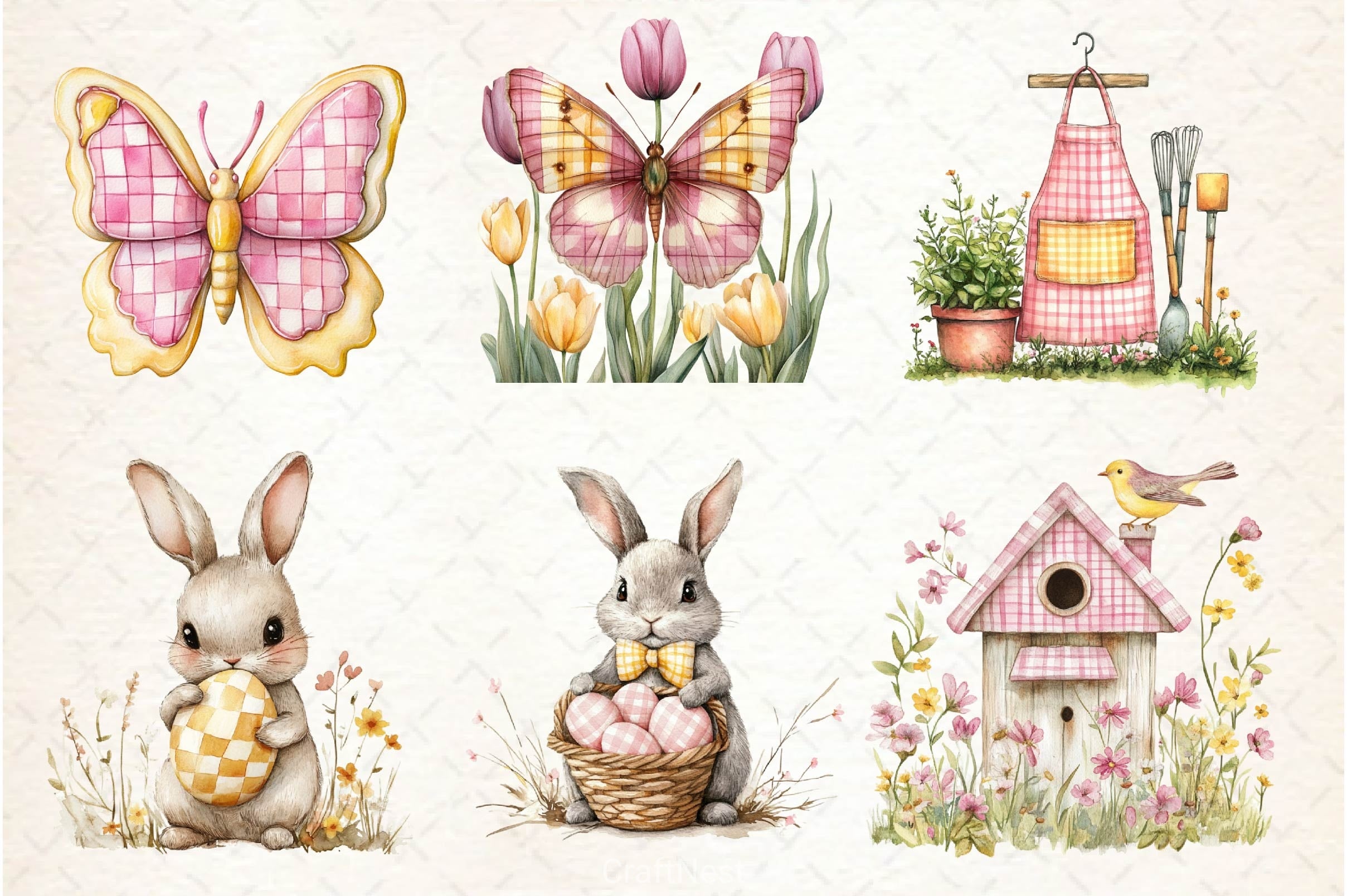 Yellow & Pink Gingham Spring Clipart Bundle - CraftNest - Digital Crafting and Art