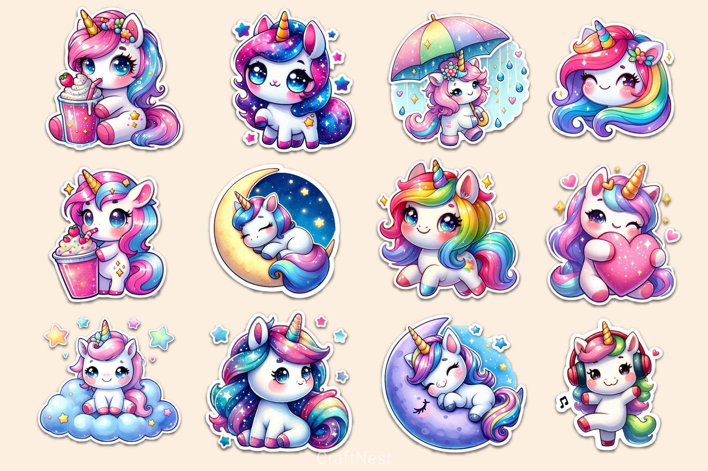 Kawaii Cute Unicorn Stickers Sticker Clipart Bundle - CraftNest - Digital Crafting and Art