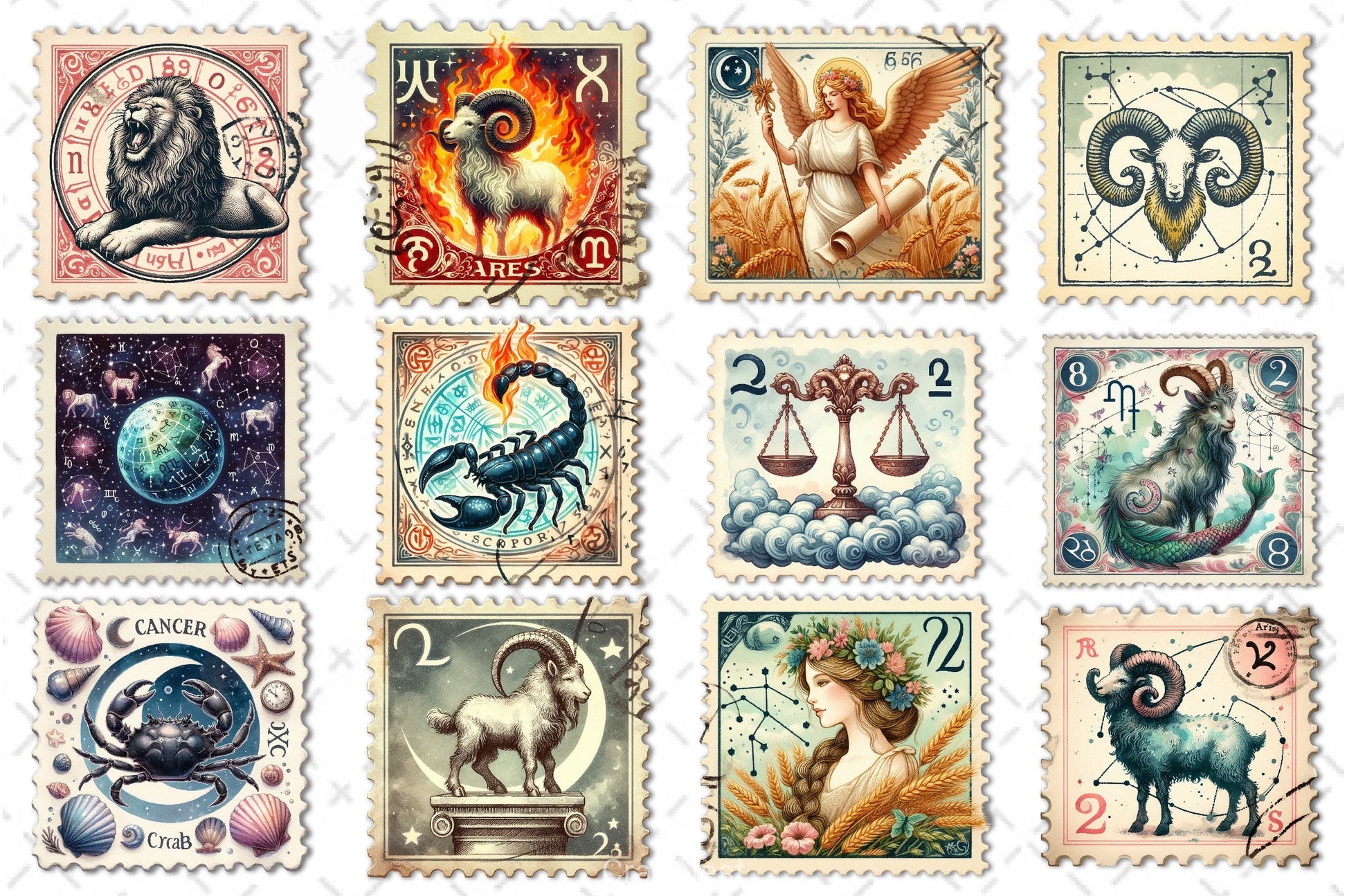 Zodiac Postage Stamp Clipart Bundle - CraftNest - Digital Crafting and Art