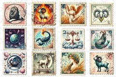 Zodiac Postage Stamp Clipart Bundle - CraftNest - Digital Crafting and Art