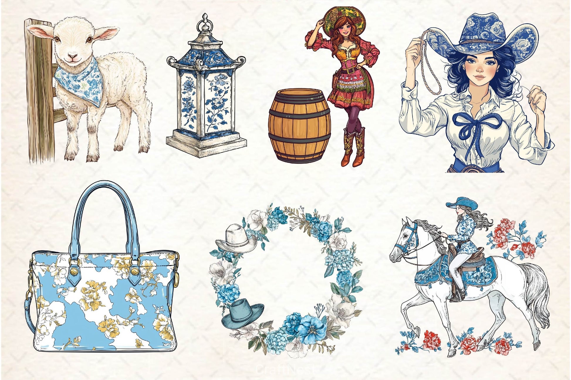 Cute Chinoiserie Cowgirl Clipart Bundle 2 - CraftNest - Digital Crafting and Art