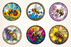 Bee With Flowers Round Stained Glass Art Clipart Bundle - CraftNest - Digital Crafting and Art