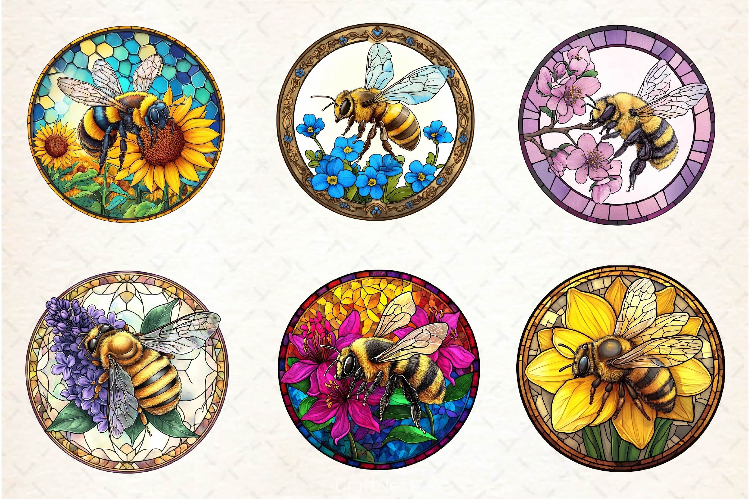 Bee With Flowers Round Stained Glass Art Clipart Bundle - CraftNest - Digital Crafting and Art