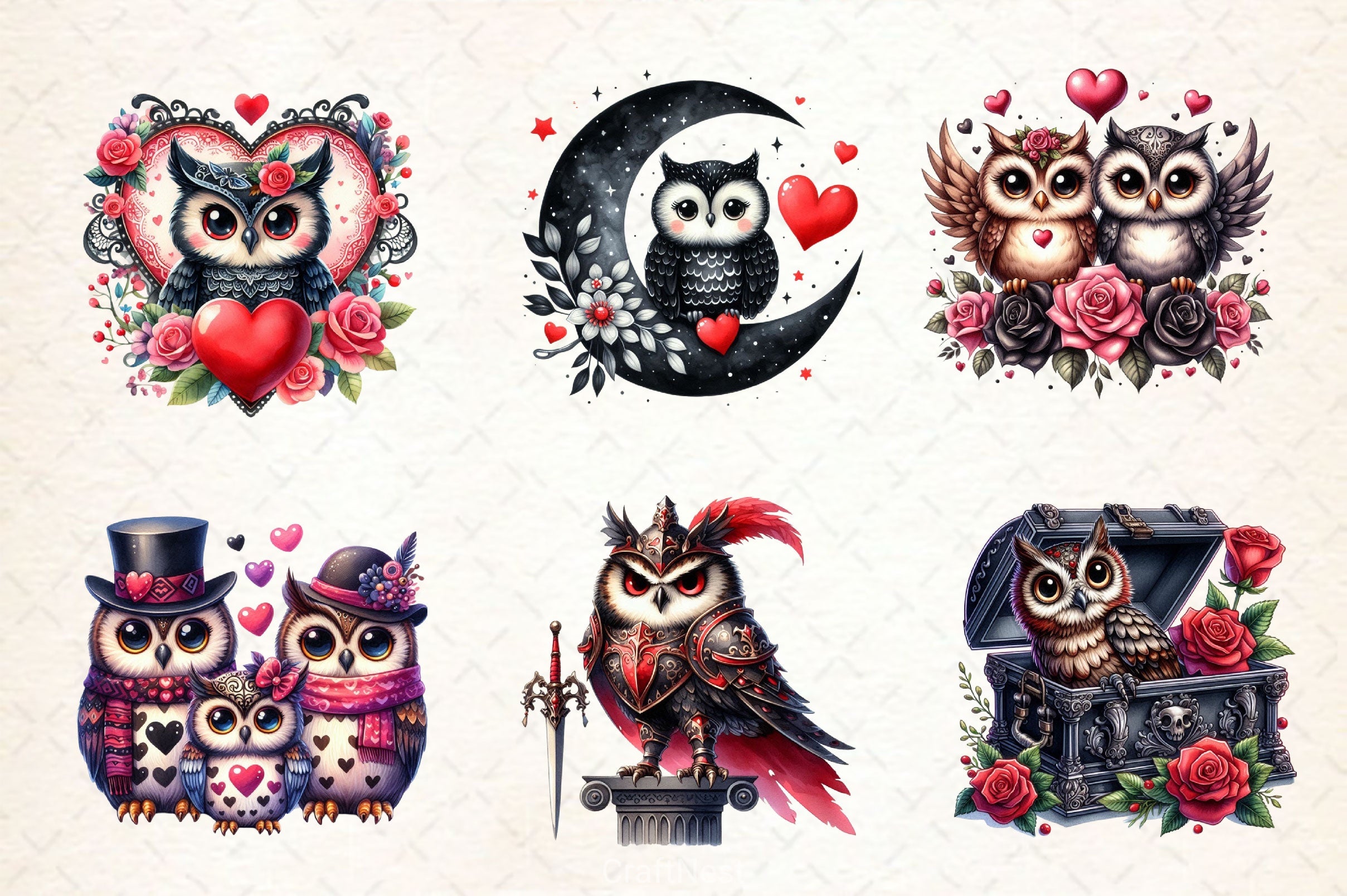 Valentine Gothic Owls Clipart Bundle 3 - CraftNest - Digital Crafting and Art