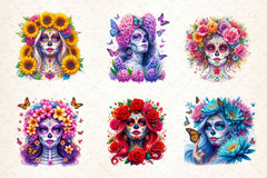 Flowers Sugar Skull Girl Clipart Bundle 2 - CraftNest - Digital Crafting and Art