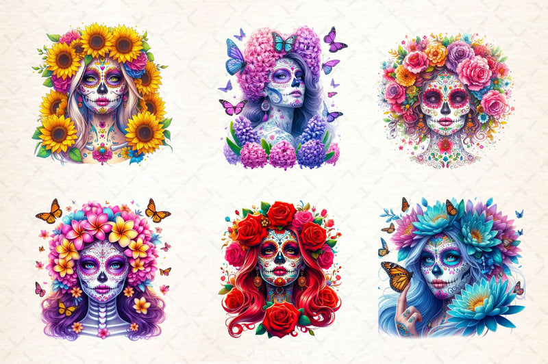 Flowers Sugar Skull Girl Clipart Bundle 2 - CraftNest - Digital Crafting and Art