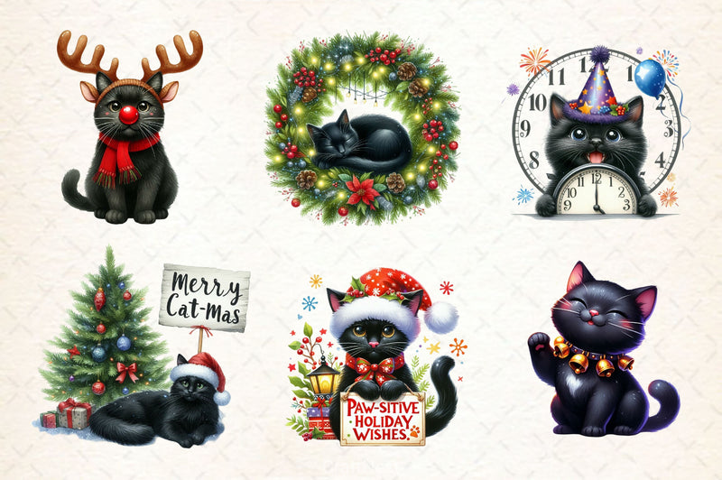 Funny Christmas Black Cat Clipart Bundle 4 - CraftNest - Digital Crafting and Art