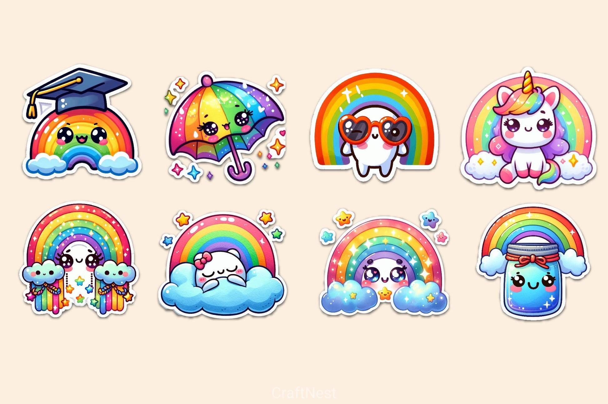 Kawaii Rainbow Stickers Sticker Clipart Bundle - CraftNest - Digital Crafting and Art