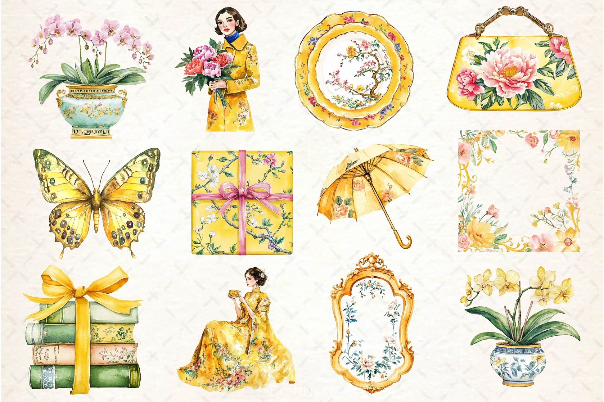 Yellow Chinoiserie Mothers Day Clipart Bundle 2 - CraftNest - Digital Crafting and Art