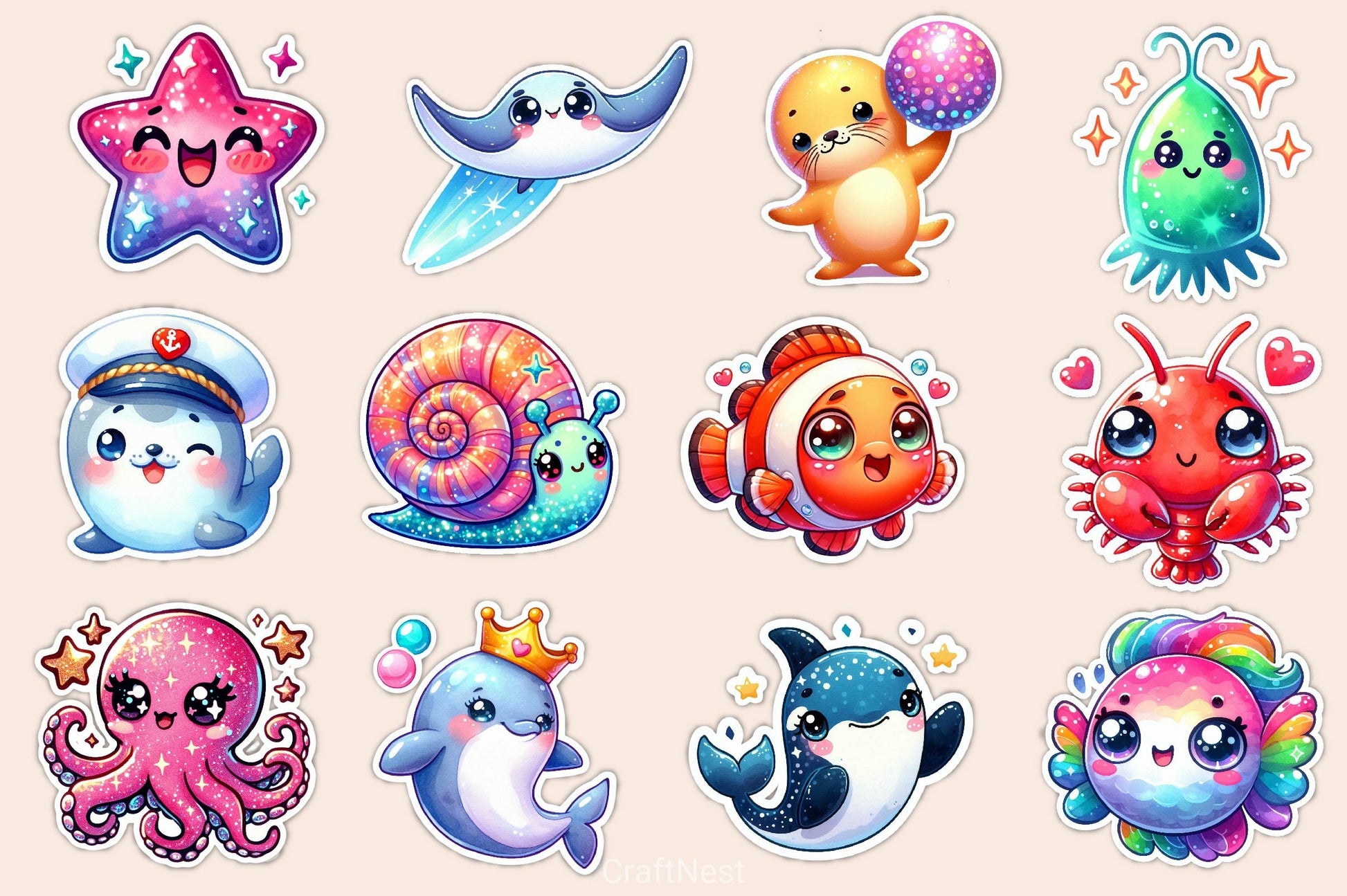 Cute Kawaii Sea Animals Clipart Bundle - CraftNest - Digital Crafting and Art