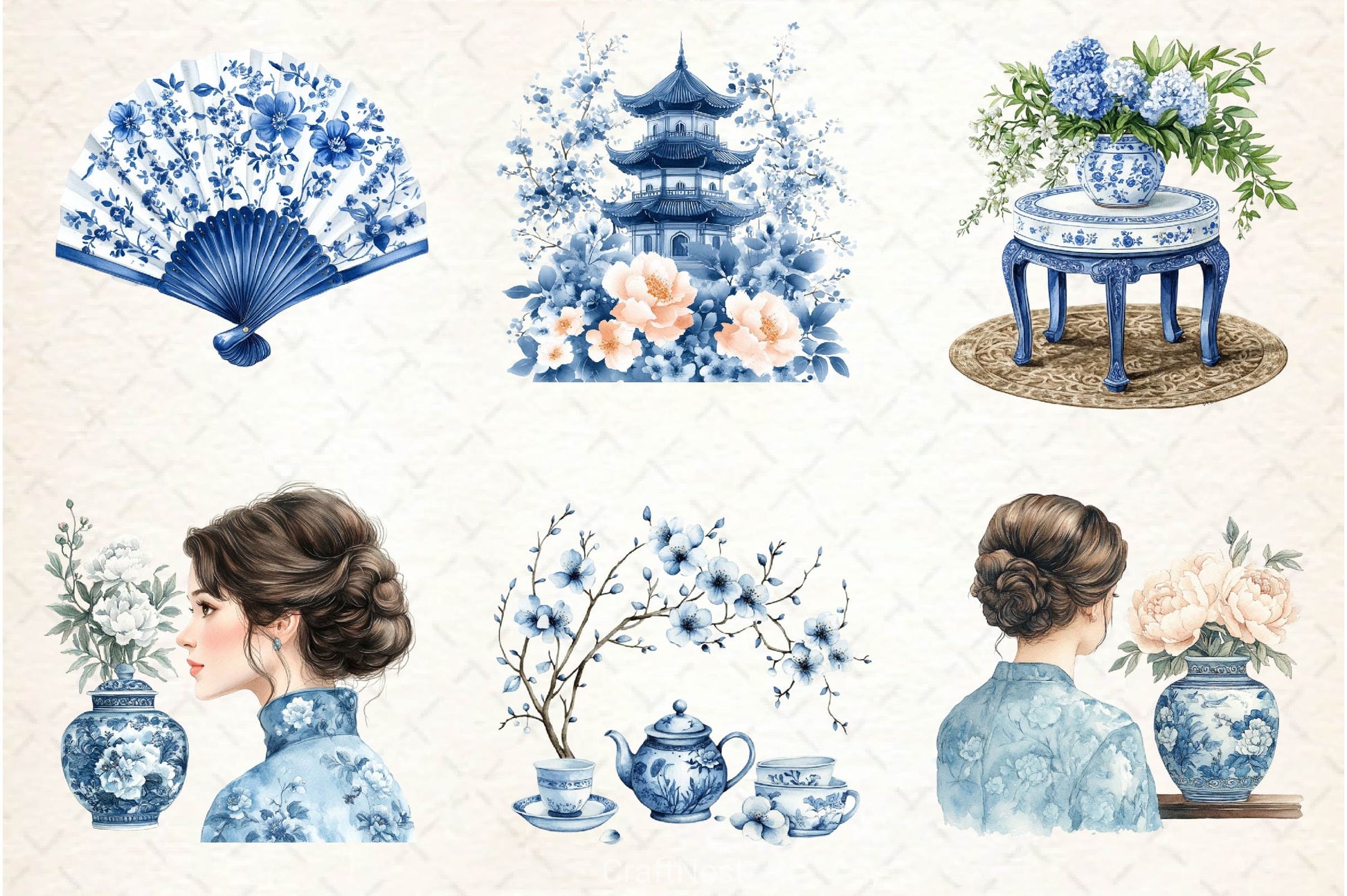 Blue Chinoiserie Spring Clipart Bundle 2 - CraftNest - Digital Crafting and Art