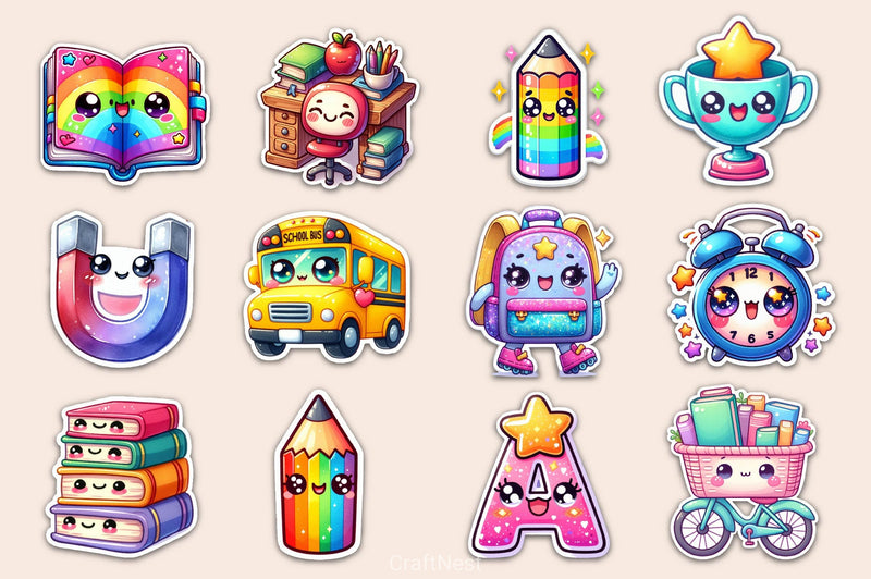 Kawaii School Stickers Clipart Bundle - CraftNest - Digital Crafting and Art