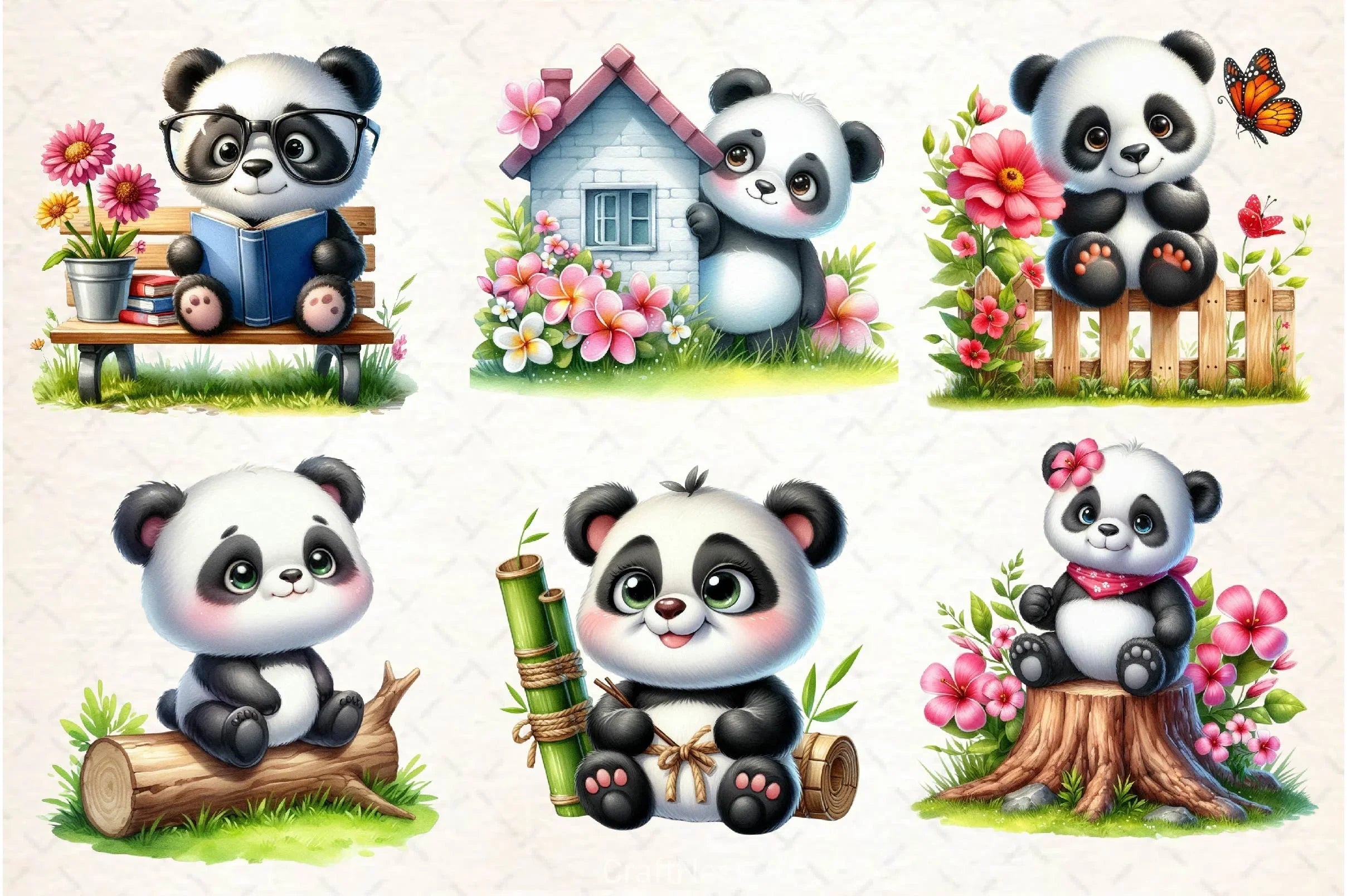 Spring Cute Panda Clipart Bundle - CraftNest - Digital Crafting and Art