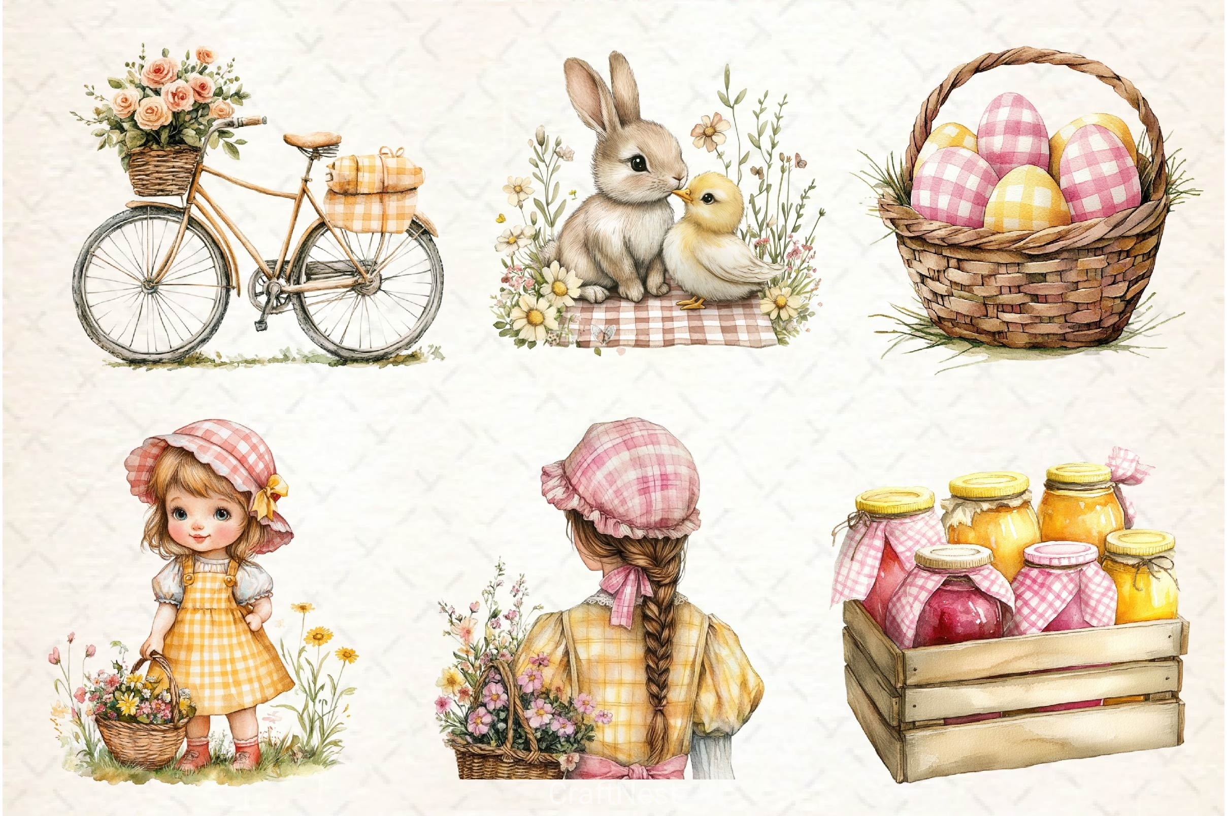Yellow & Pink Gingham Spring Clipart Bundle - CraftNest - Digital Crafting and Art