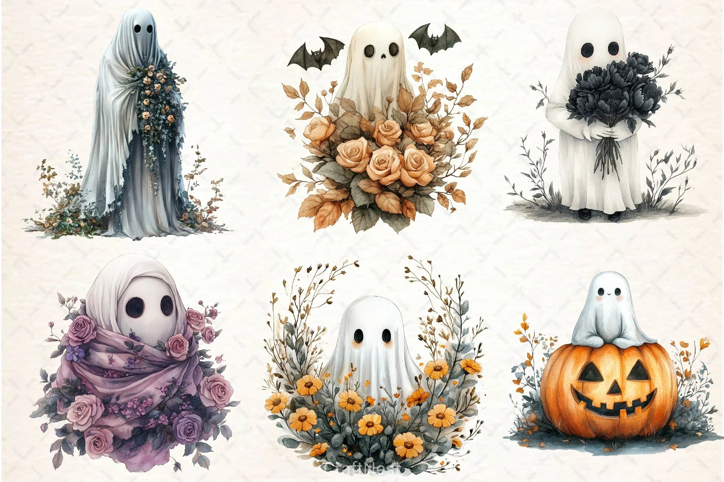 Halloween Floral Ghost Clipart Bundle 3 - CraftNest - Digital Crafting and Art
