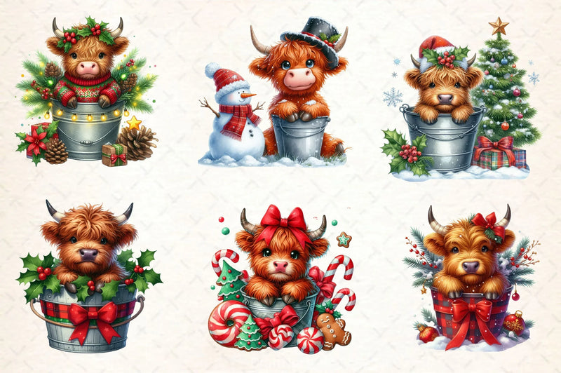 Christmas Highland Cows In Bucket Clipart Bundle - CraftNest - Digital Crafting and Art
