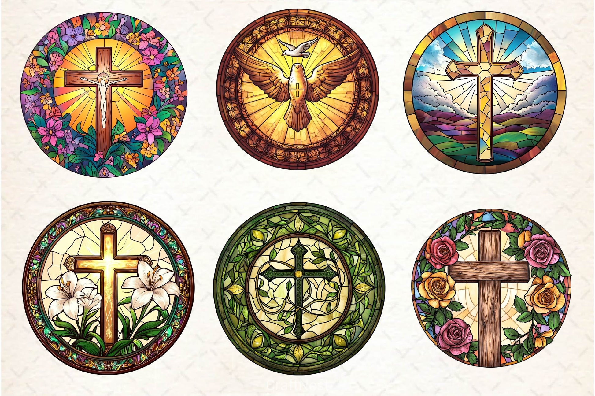 Christian Cross Round Stained Glass Art Clipart Bundle - CraftNest - Digital Crafting and Art