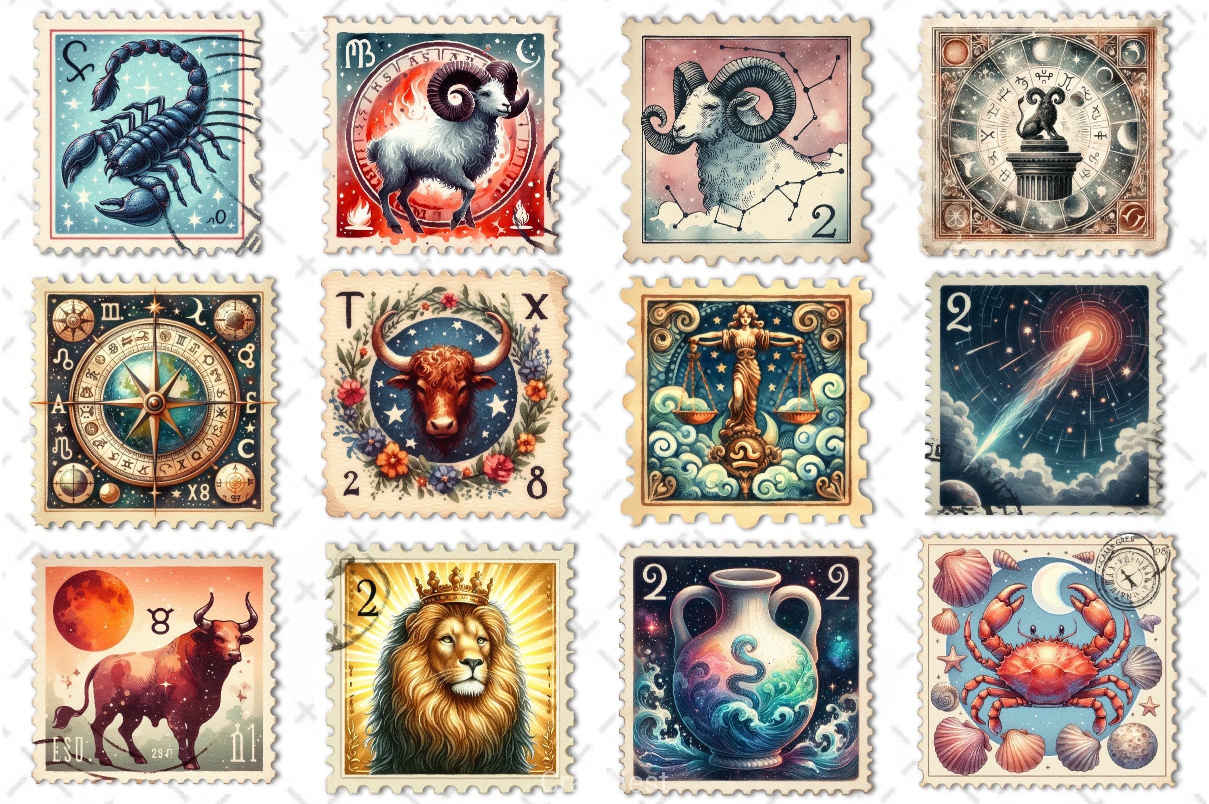 Zodiac Postage Stamp Clipart Bundle - CraftNest - Digital Crafting and Art