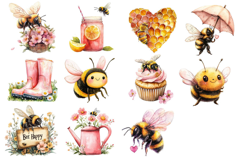 Pink Summer Bees Garden Clipart Bundle 2 - CraftNest - Digital Crafting and Art