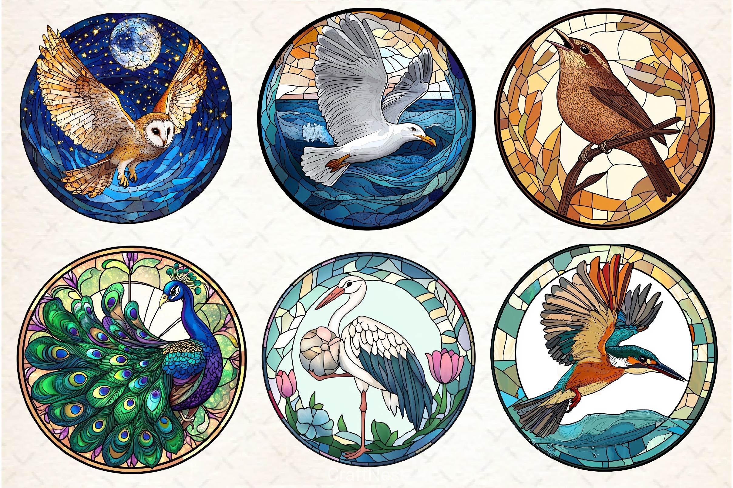 Round Stained Glass Birds Clipart Bundle 3 - CraftNest - Digital Crafting and Art