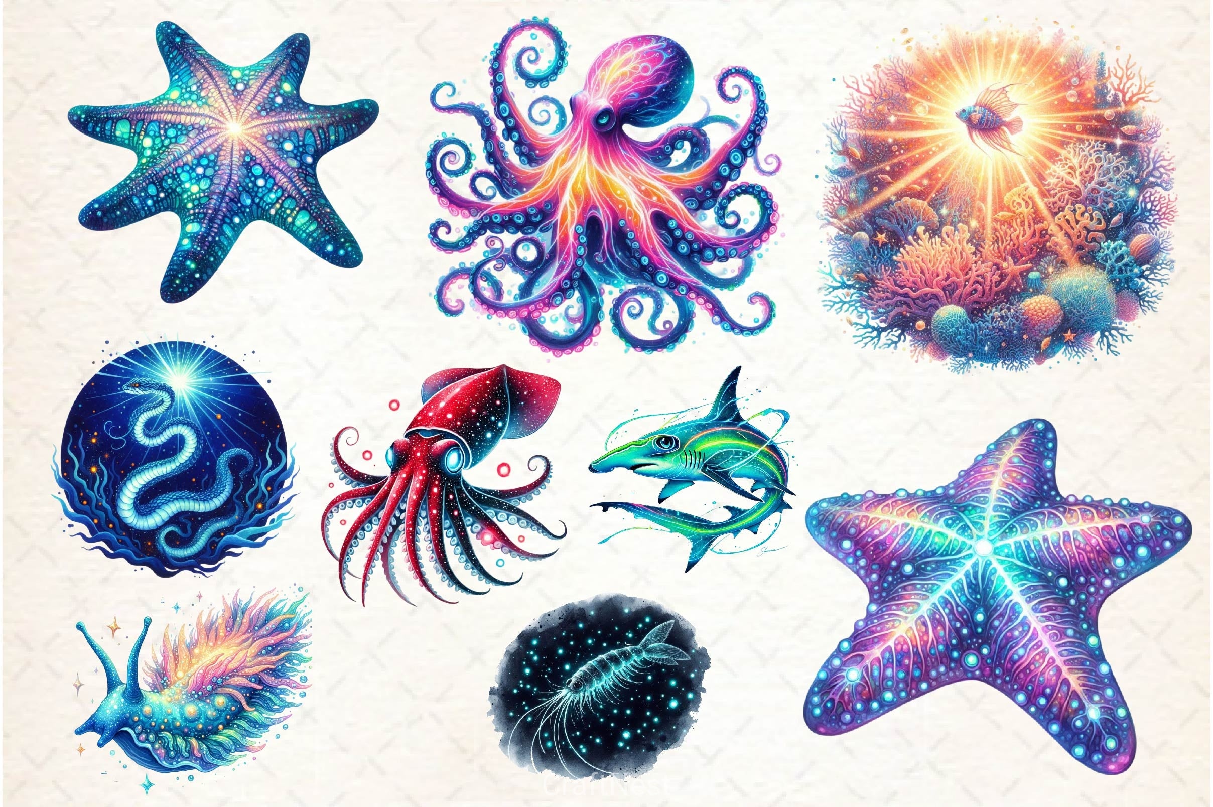 Bioluminescent Sea Animal Clipart Bundle 2 - CraftNest - Digital Crafting and Art