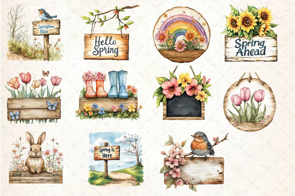 Paper Spring Sign Spring Wooden Signs Clipart Bundle