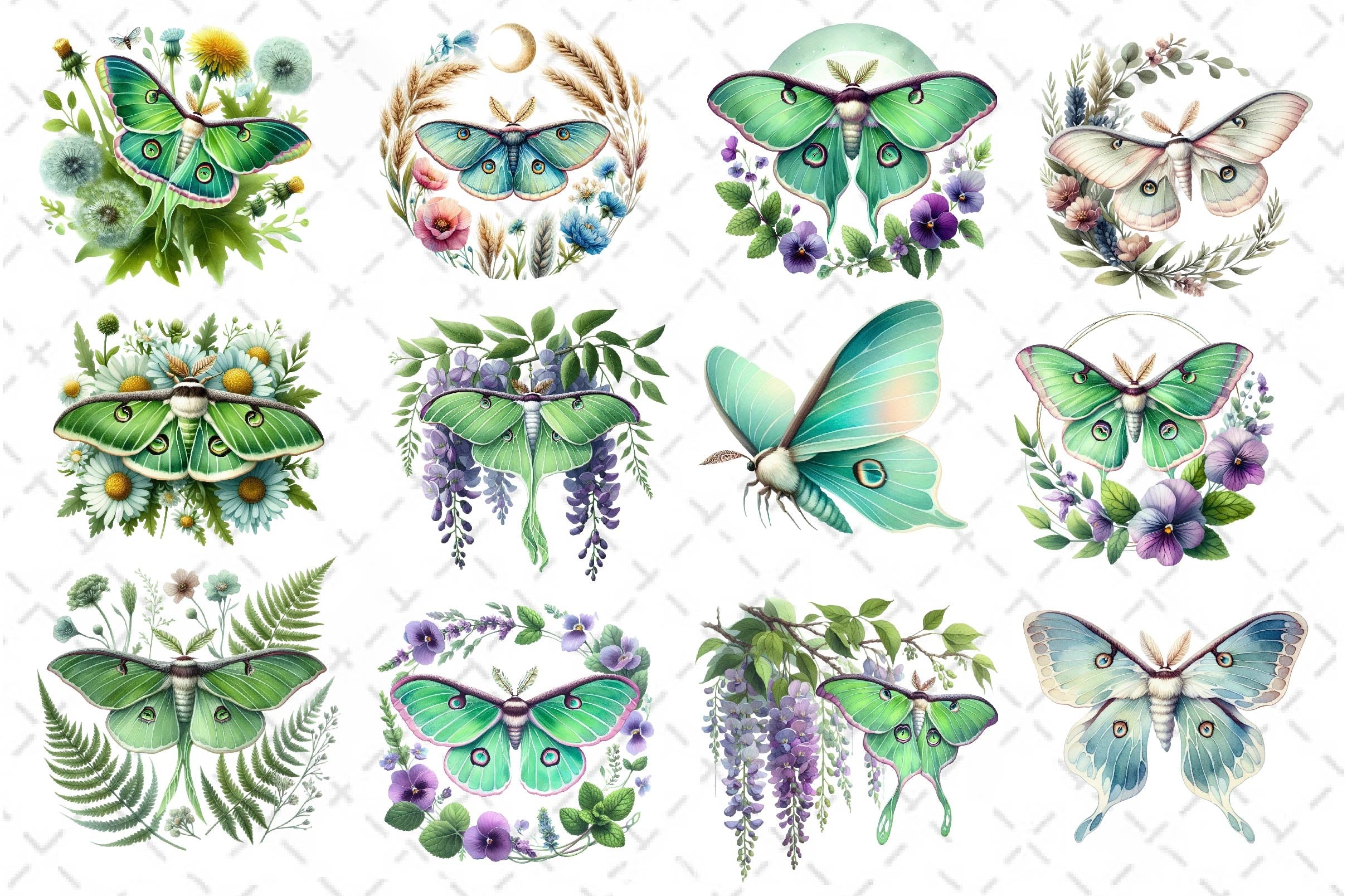 Botanical Floral Luna Moth Clipart Bundle - CraftNest - Digital Crafting and Art