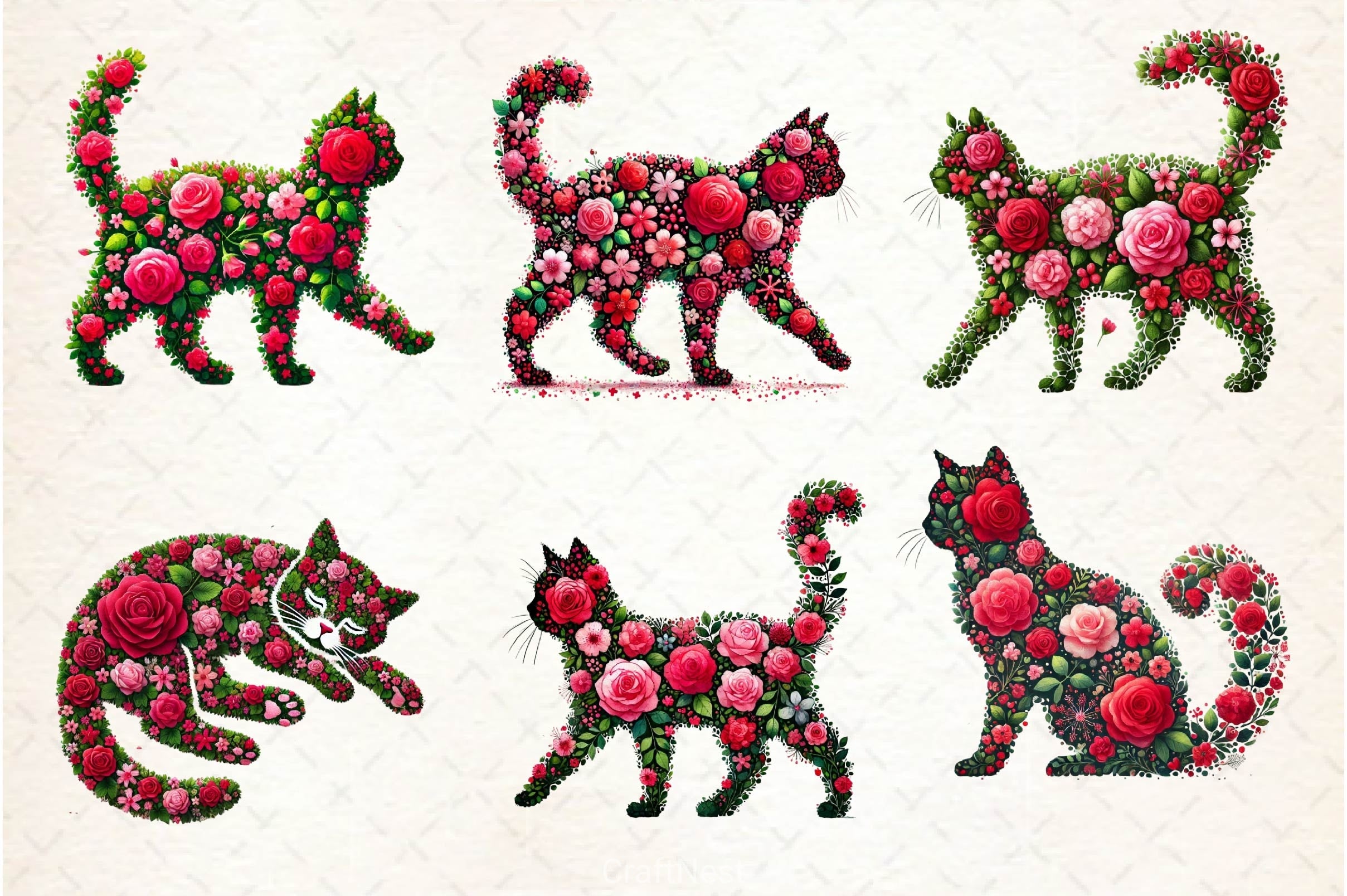 Valentine Pink Roses Cats Clipart Bundle 2 - CraftNest - Digital Crafting and Art