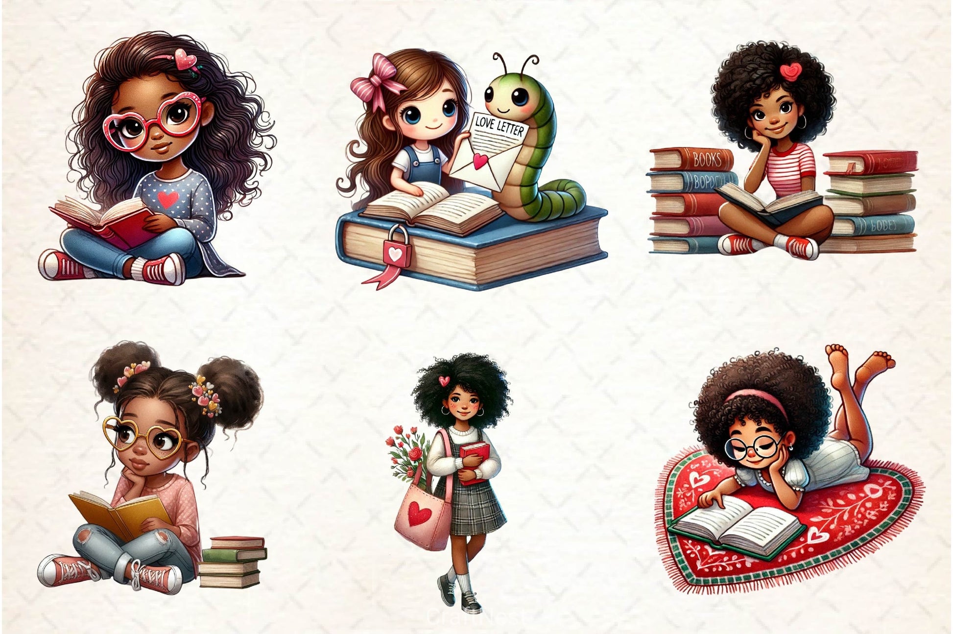 Valentine's Day Bookworm African Girl Clipart Bundle - CraftNest - Digital Crafting and Art