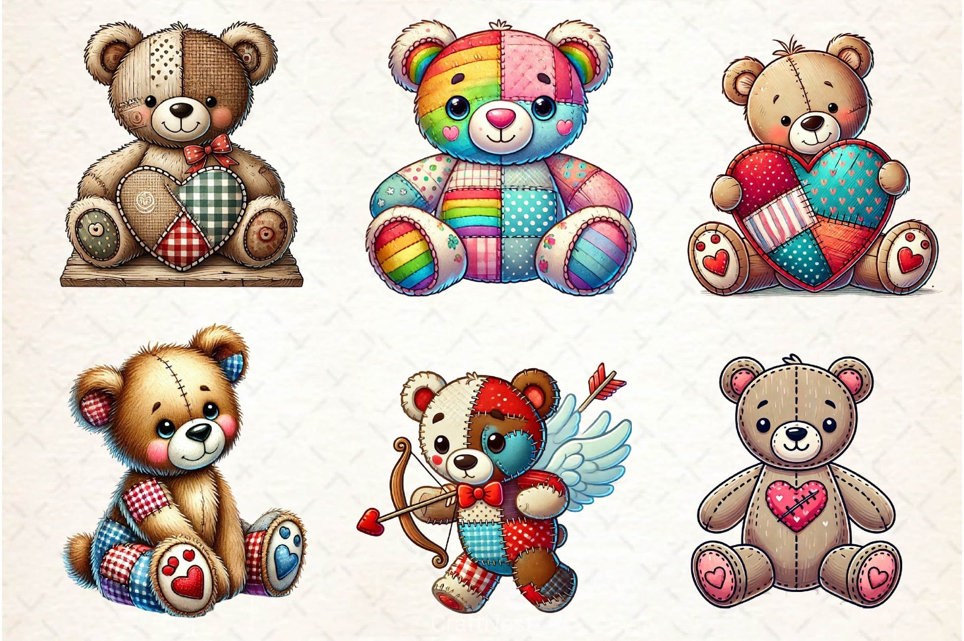Patchwork Valentine's Day Teddy Bear Clipart Bundle - CraftNest - Digital Crafting and Art