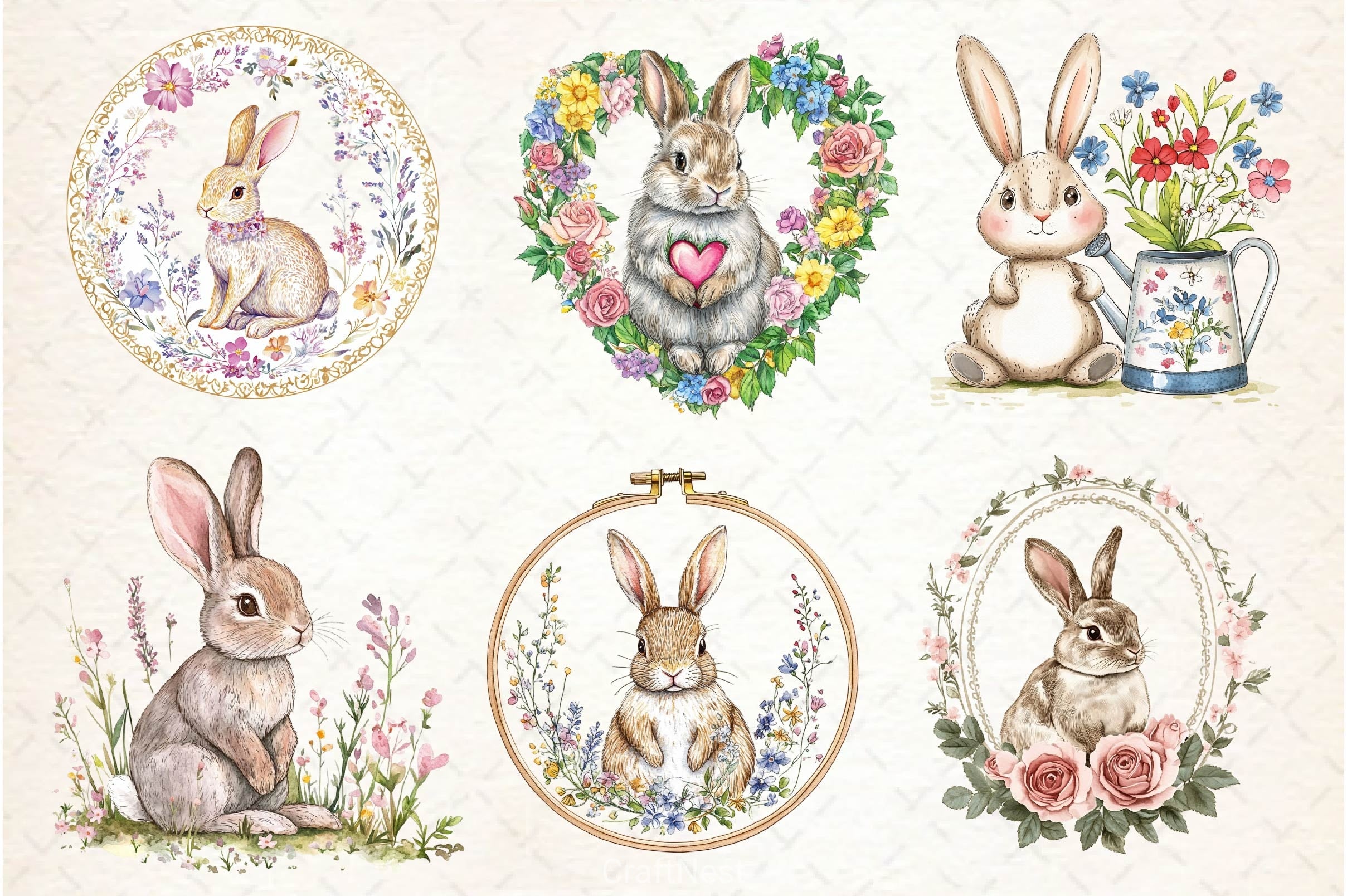 Floral Bunny Embroidery Clipart Bundle - CraftNest - Digital Crafting and Art