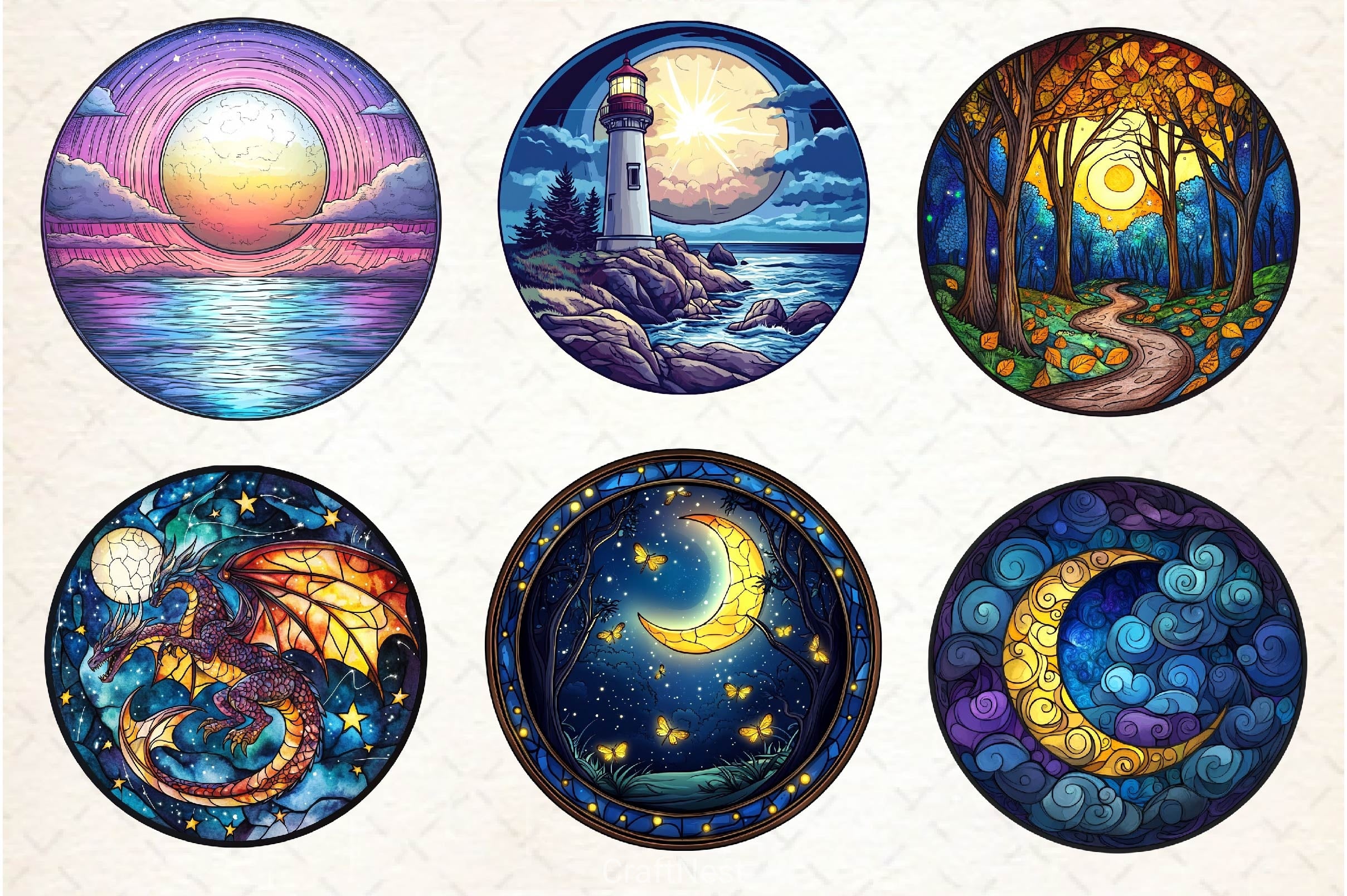 Moonlit Nights Stained Glass Circle Clipart Bundle - CraftNest - Digital Crafting and Art