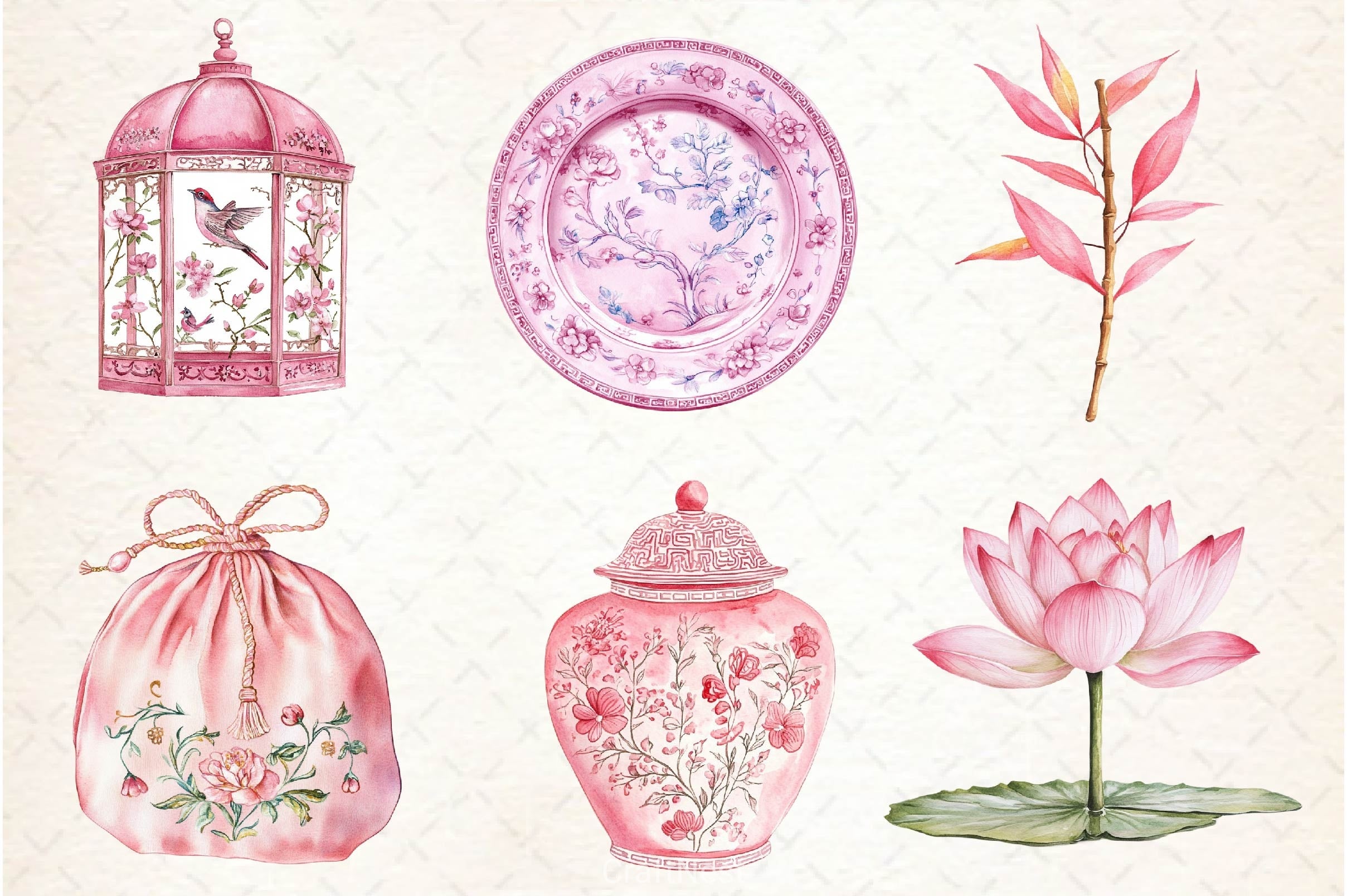 Pink Chinoiserie Summer Clipart Bundle 2 - CraftNest - Digital Crafting and Art