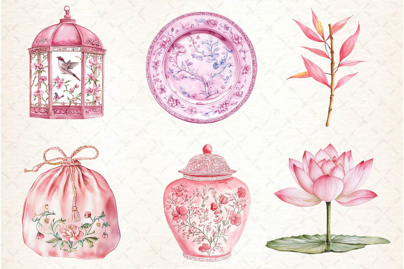 Pink Chinoiserie Summer Clipart Bundle 2 - CraftNest - Digital Crafting and Art