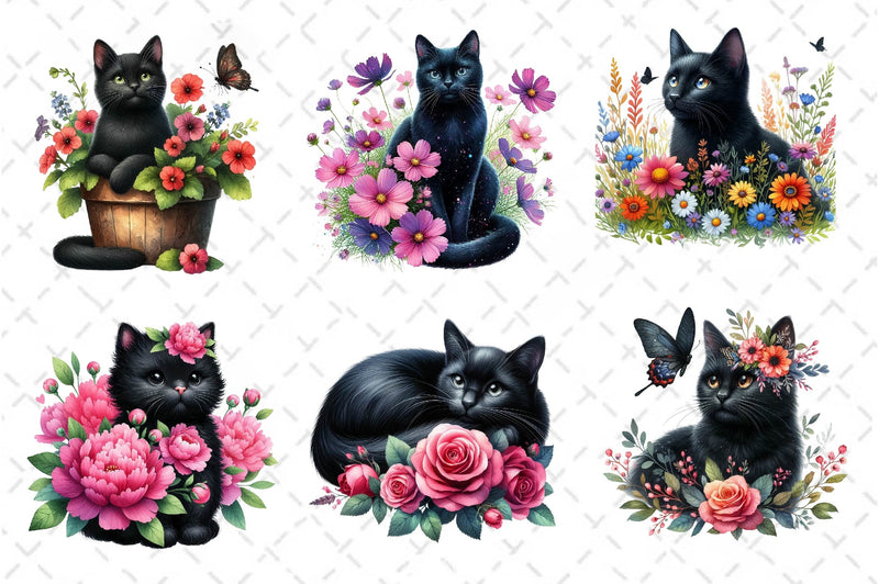 Floral Black Cat Clipart Bundle - CraftNest - Digital Crafting and Art