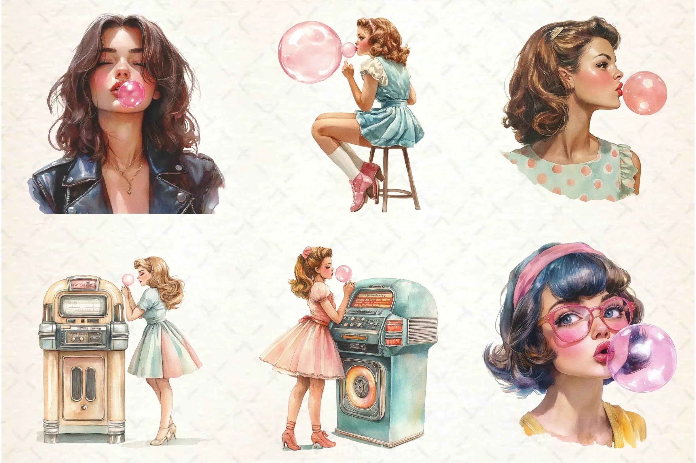 Retro Girl Blowing A Bubblegum Clipart Bundle 2 - CraftNest - Digital Crafting and Art